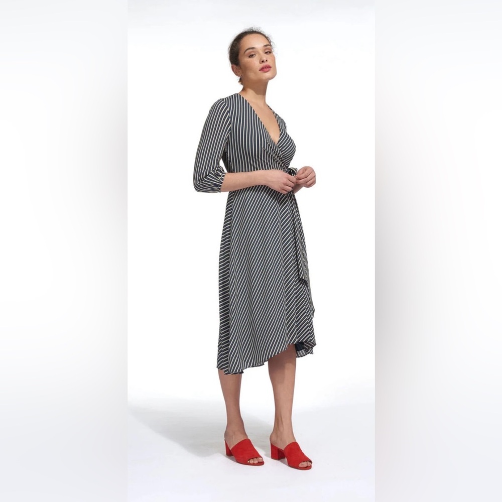 Whistles Callie Stripe Wrap Midi Workwear Dress Blue Yellow White UK 10 / US 6